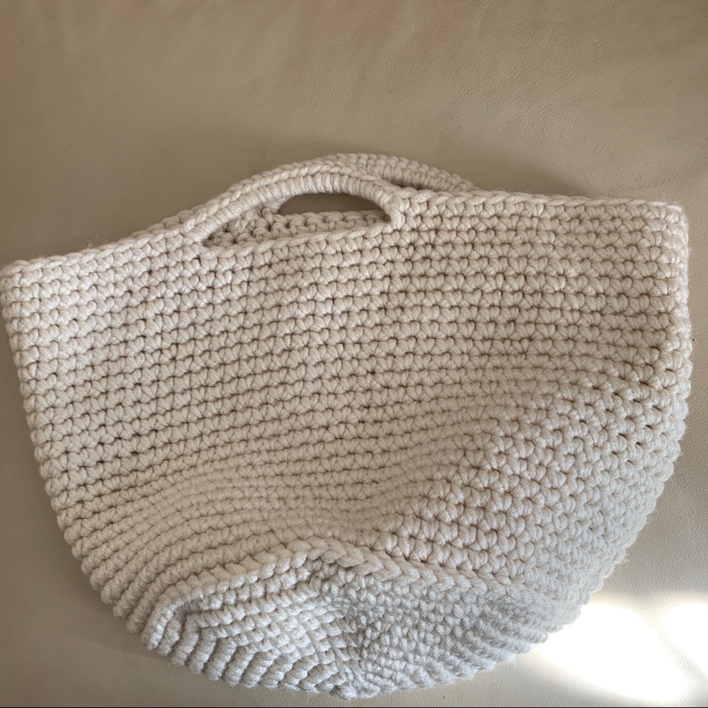 Cream/white Crochet Knit Mini Basket Tote Bag  Cutout Handles